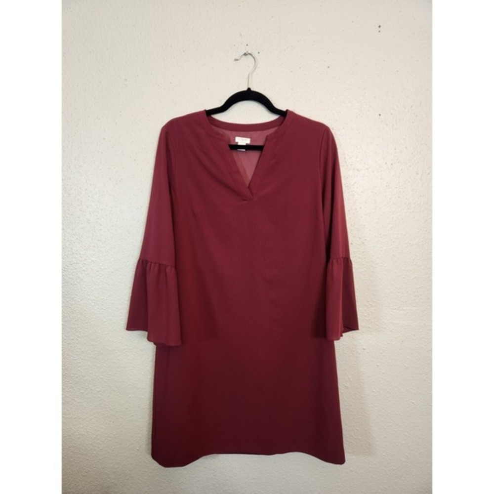 J. Crew Women's Red Solid Spilt V-Neck Bell 3/4 Sleeve Shift Mini Dress Size 6